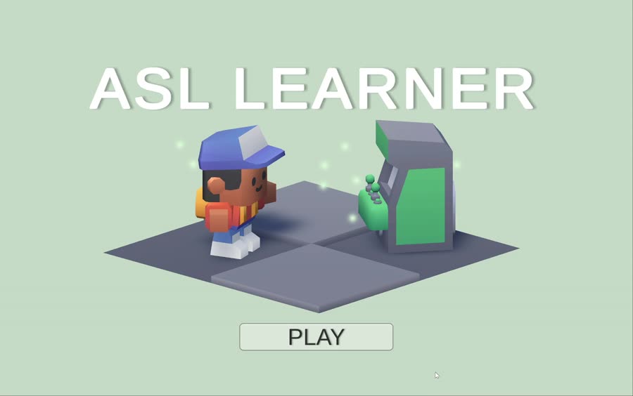 ASL Learner title screen with a low-poly character standing beside an arcade cabinet