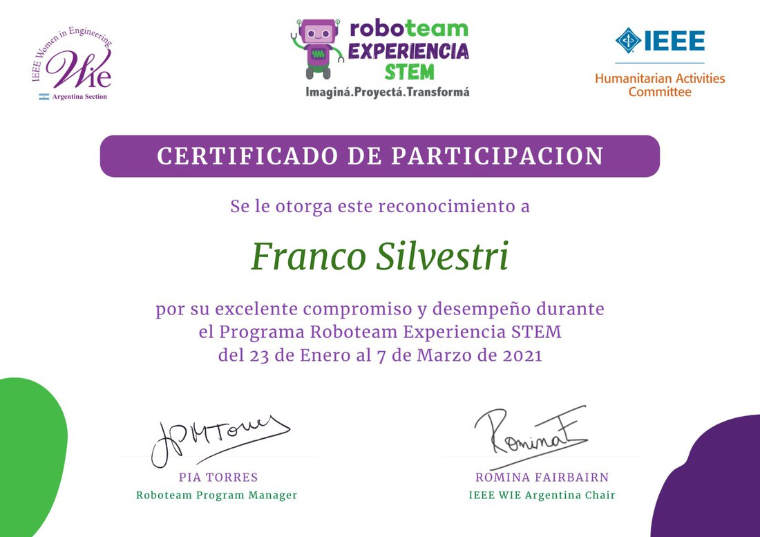 Roboteam STEM participation certificate