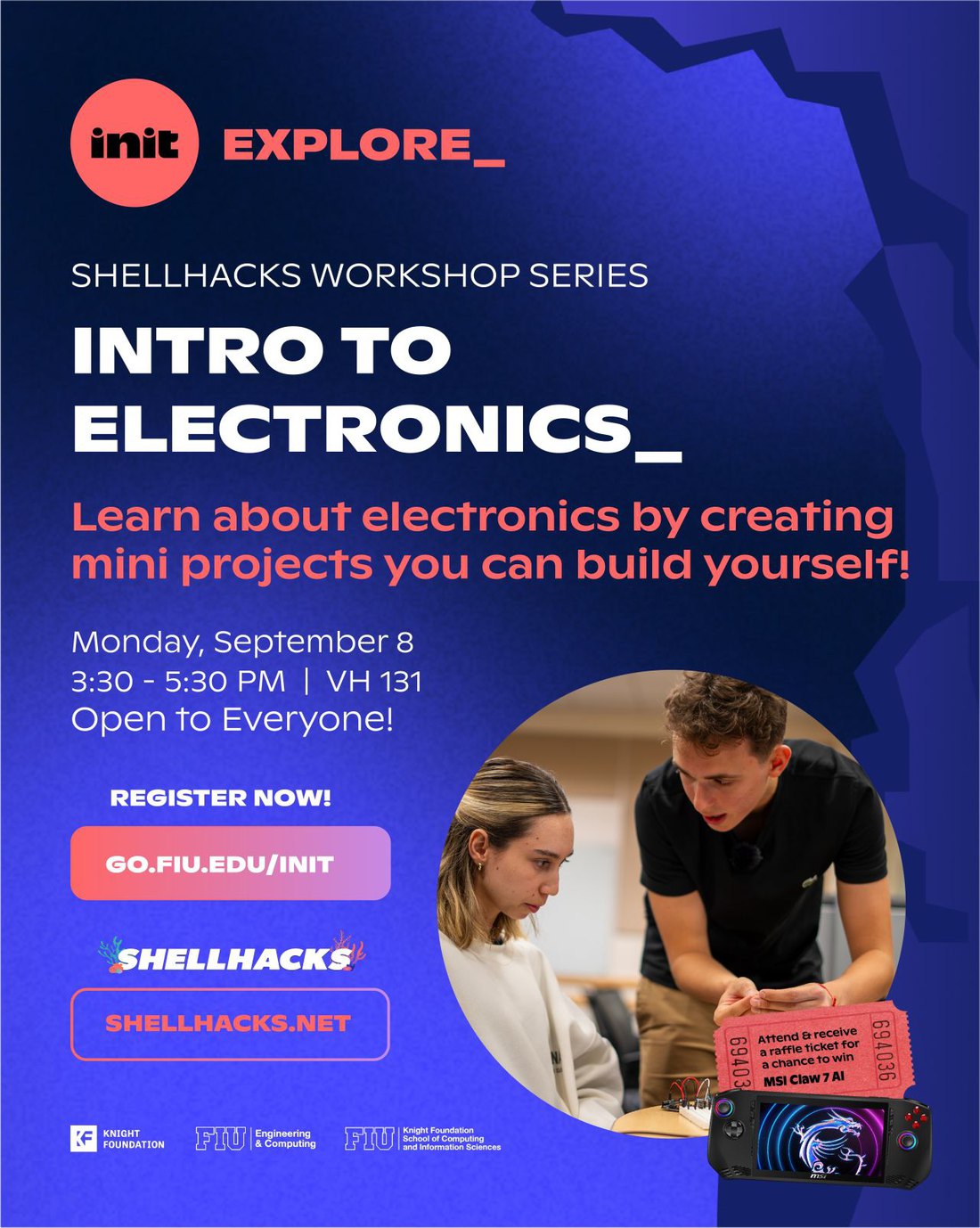 Pre-ShellHacks Intro to Electronics workshop flyer, with Franco helping a student build electronics
