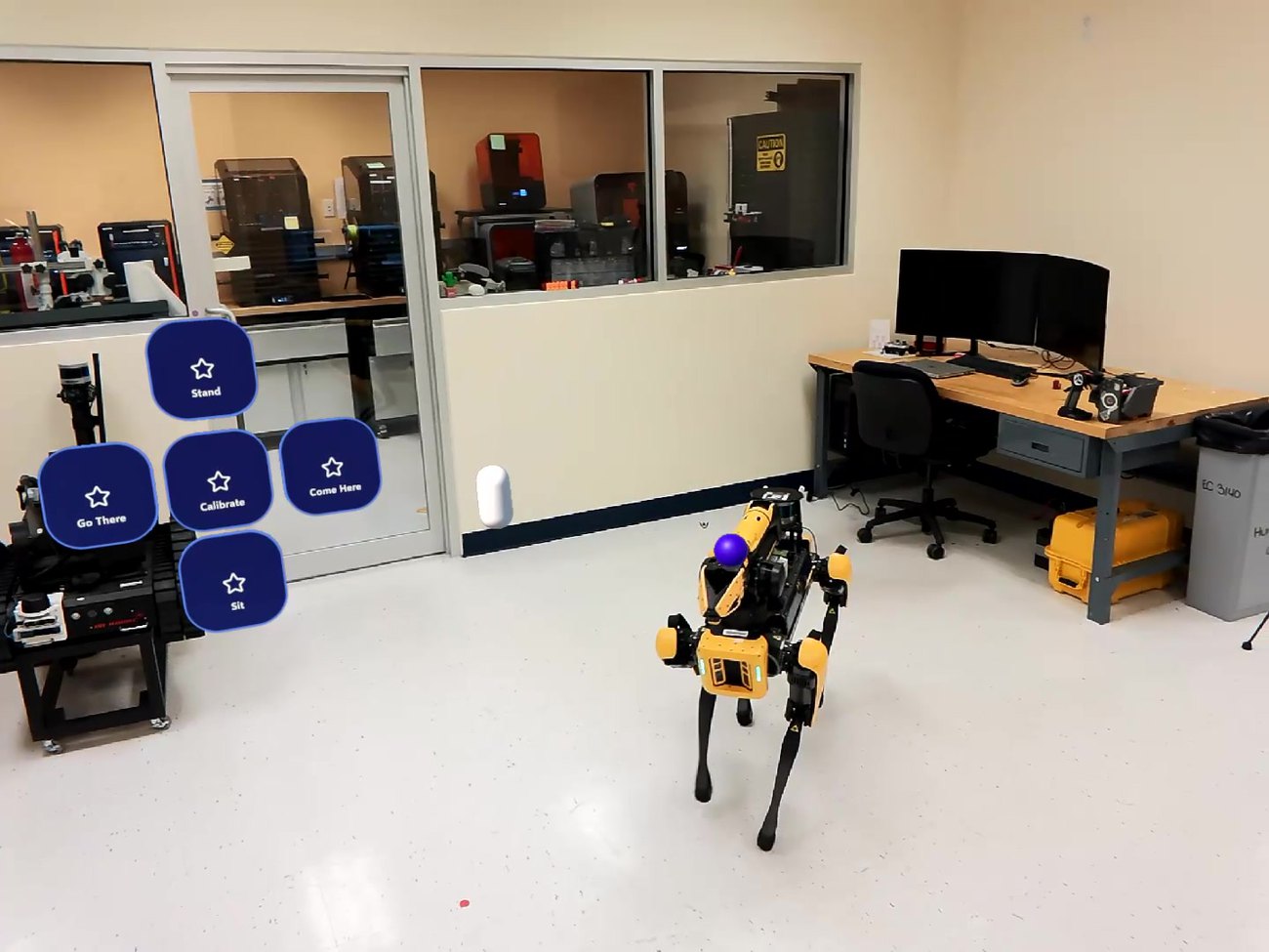 Boston Dynamics SPOT robot with a floating augmented-reality command menu in an operator's AR view